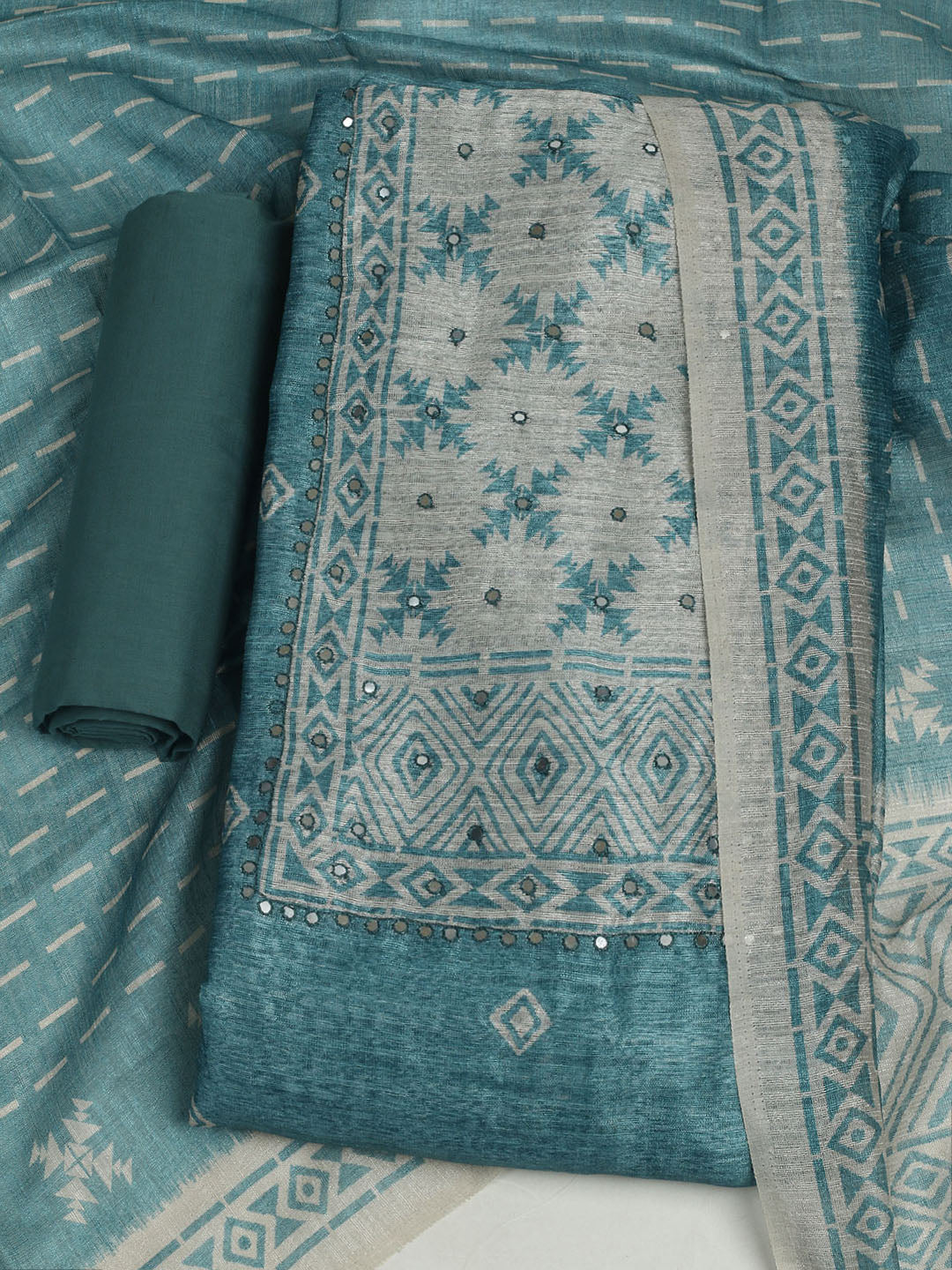 Printed Chanderi Unstitched Suit With Pant &amp; Dupatta