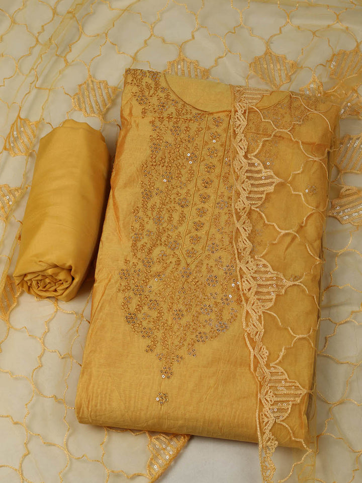 Embroidered Chanderi Unstitched Suit With Pant &amp; Dupatta