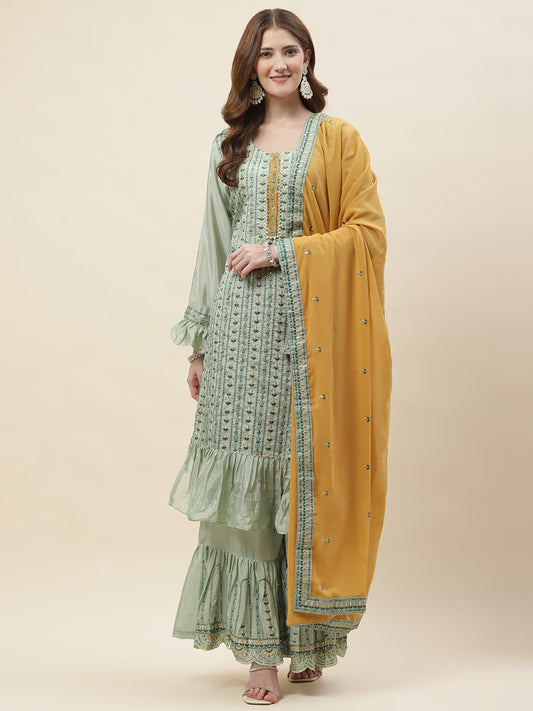 Resham Sequin Embroidered Art Silk Kurta With Sharara & Dupatta