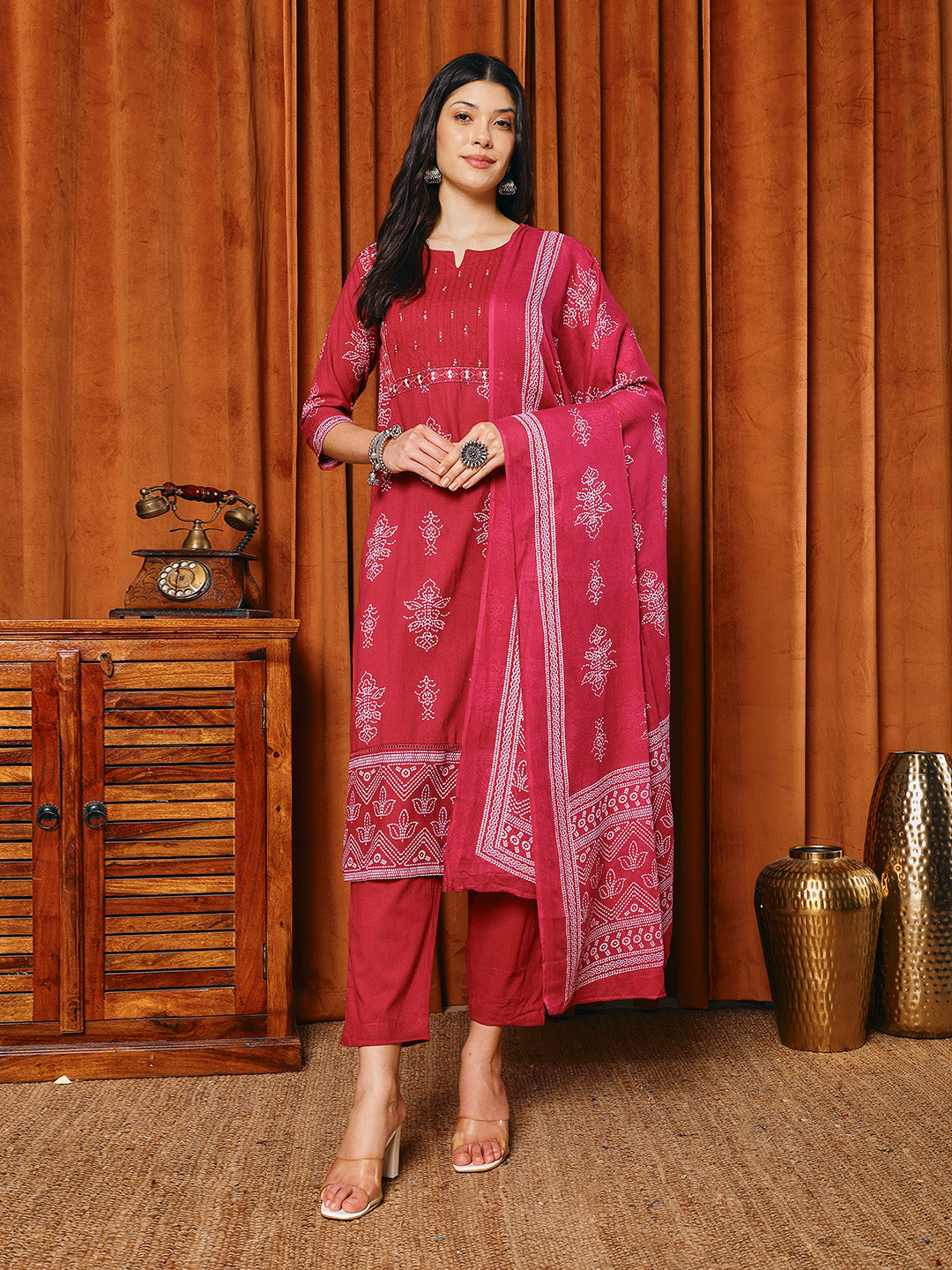Printed Cotton Blend Kurta With Pants & Dupatta