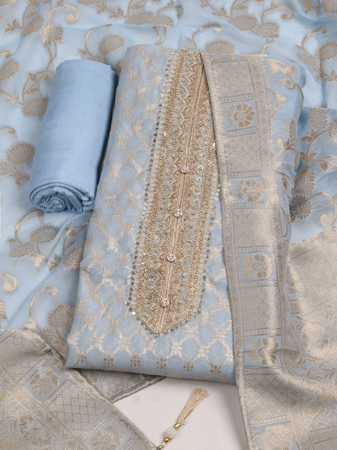 Neck Patti Printed Chanderi Unstitched Suit With Dupatta