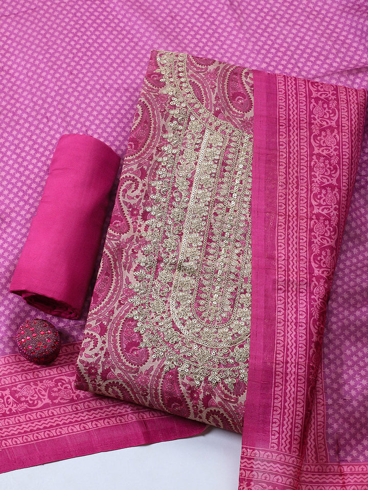 Embroidered Cotton Blend Unstitched Suit With Pant &amp; Dupatta