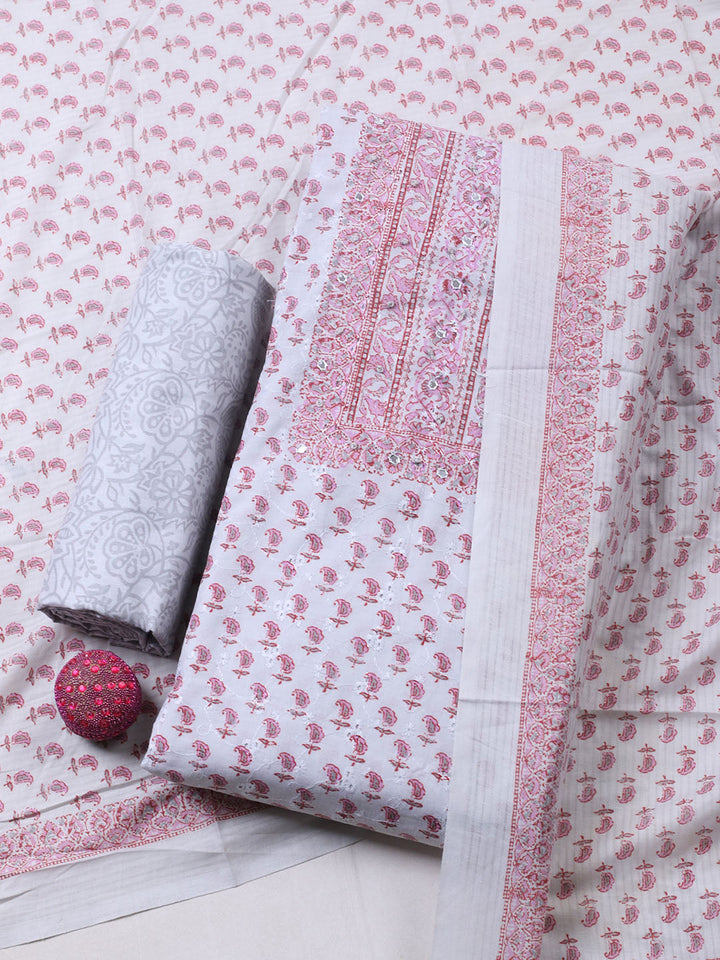 Printed Cotton Blend Unstitched Suit With Pant &amp; Dupatta