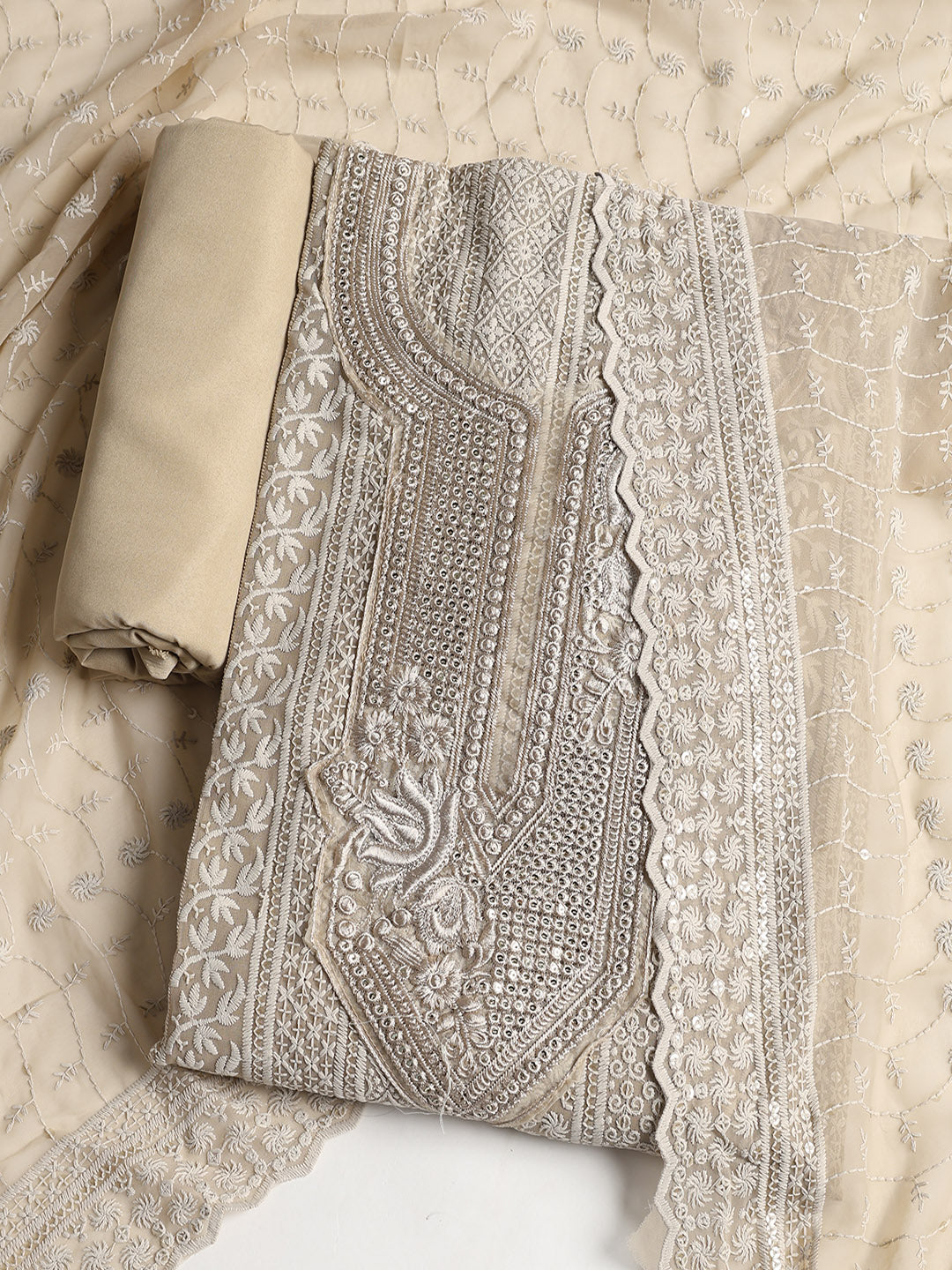 Chikan Work Georgette Unstitched Suit With Dupatta