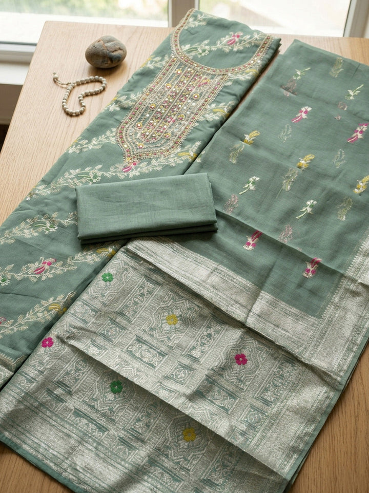 Embroidered Chanderi Unstitched Suit With Pant &amp; Dupatta