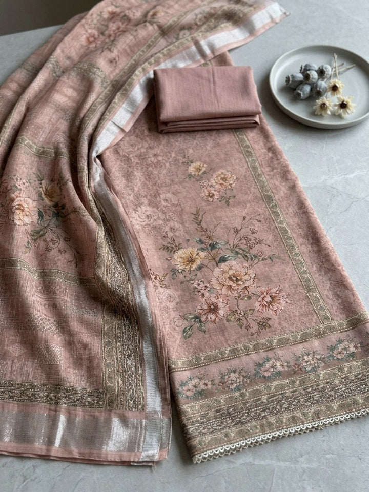 Printed Linen Blend Unstitched Suit With Pant &amp; Dupatta