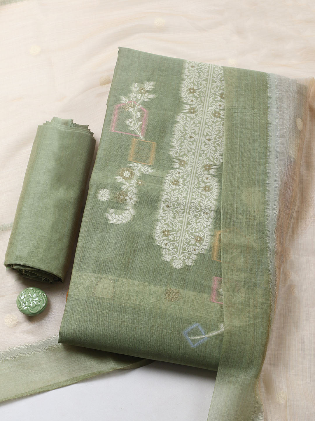 Printed Chanderi Unstitched Suit With Pant &amp; Dupatta