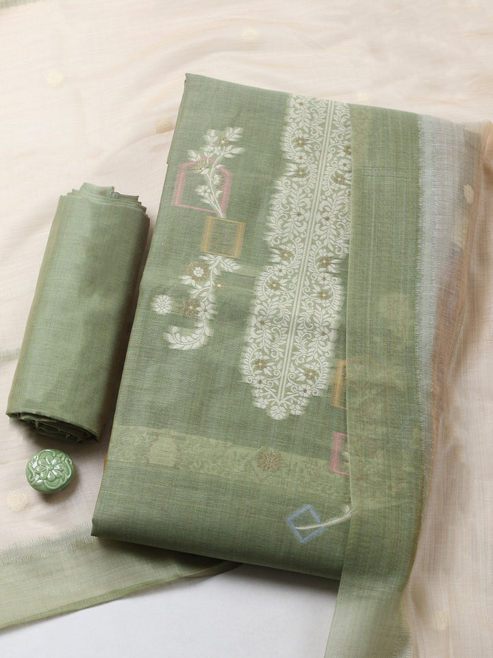 Printed Chanderi Unstitched Suit With Pant &amp; Dupatta