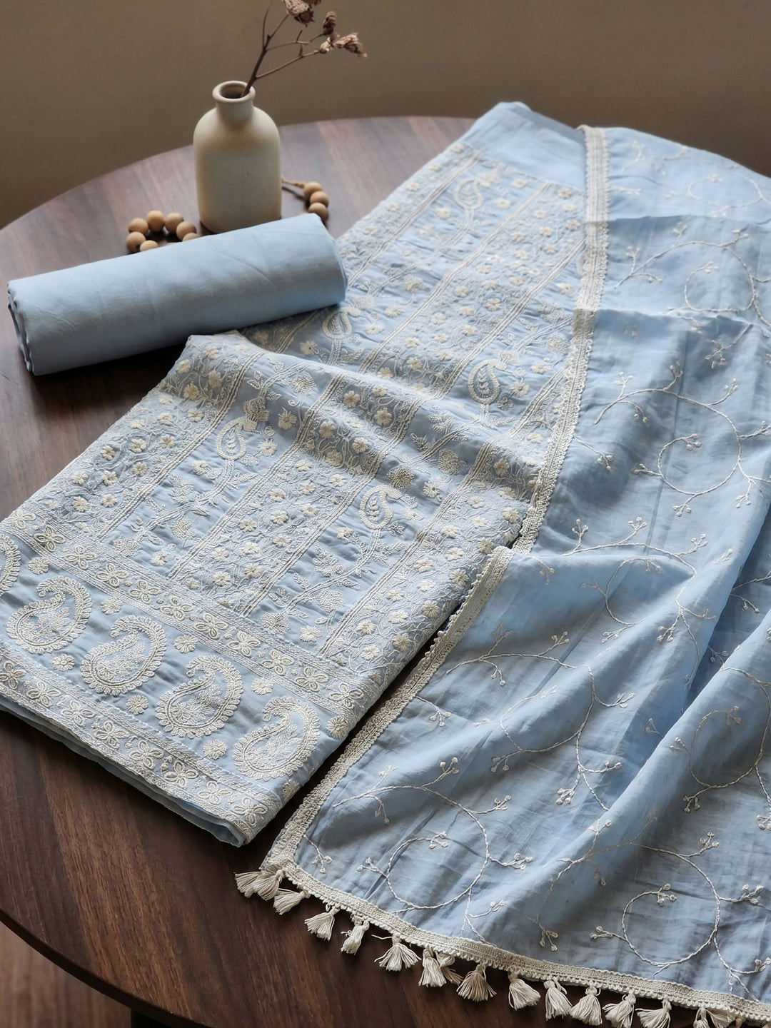 Thread Embroidered Cotton Blend Unstitched Suit With Dupatta
