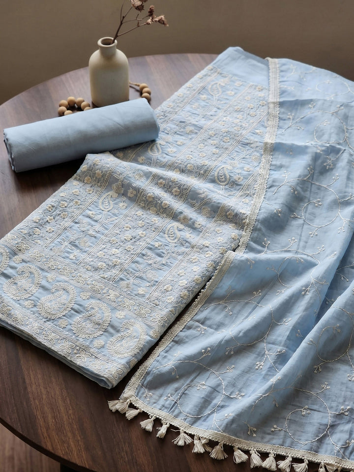 Thread Embroidered Cotton Blend Unstitched Suit With Dupatta