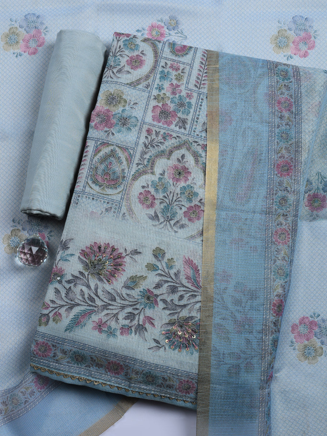 Printed Linen Blend Unstitched Suit With Pant &amp; Dupatta