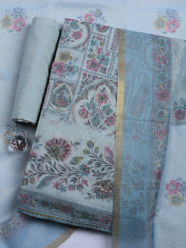 Printed Linen Blend Unstitched Suit With Pant &amp; Dupatta