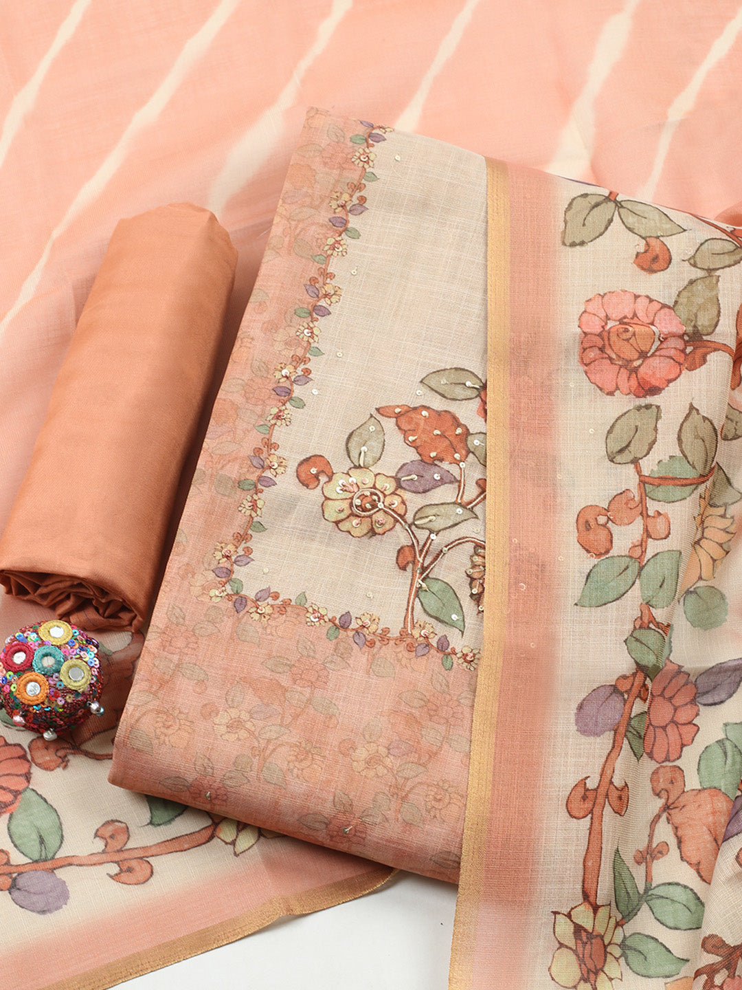 Printed Linen Blend Unstitched Suit With Pant &amp; Dupatta