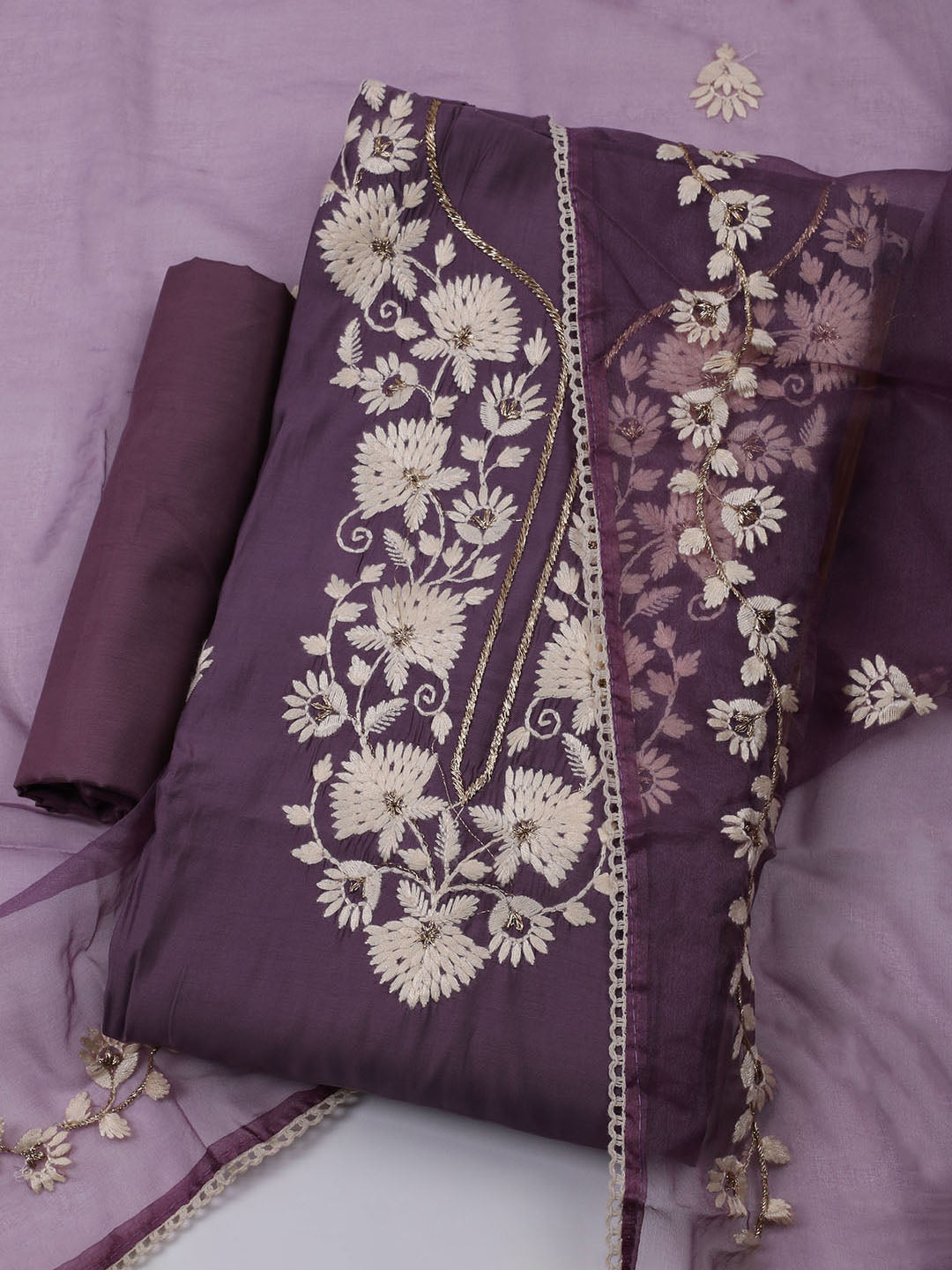 Neck Embroidered Chanderi Unstitched Suit With Dupatta