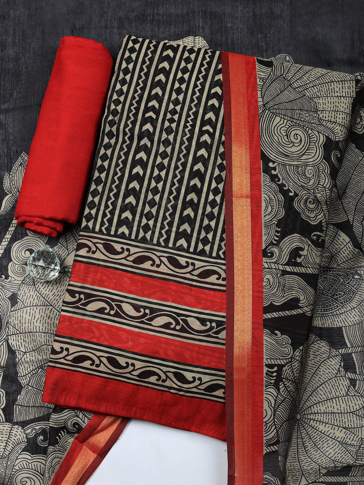 Printed Chanderi Unstitched Suit With Pant &amp; Dupatta