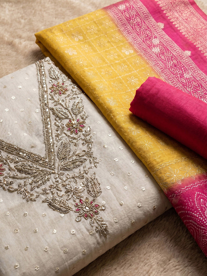 Neck Embroidered Chanderi Unstitched Suit With Dupatta