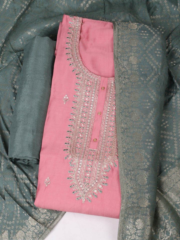 Embroidered Chanderi Unstitched Suit With Pant &amp; Dupatta