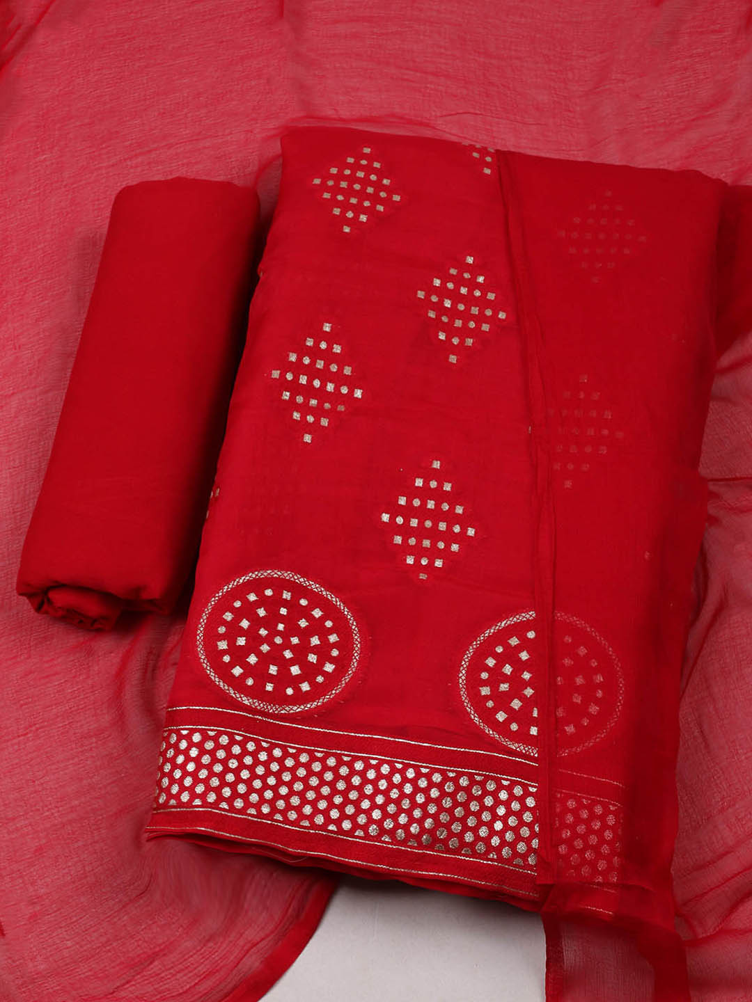 Embroidered Chanderi Unstitched Suit With Pant &amp; Dupatta
