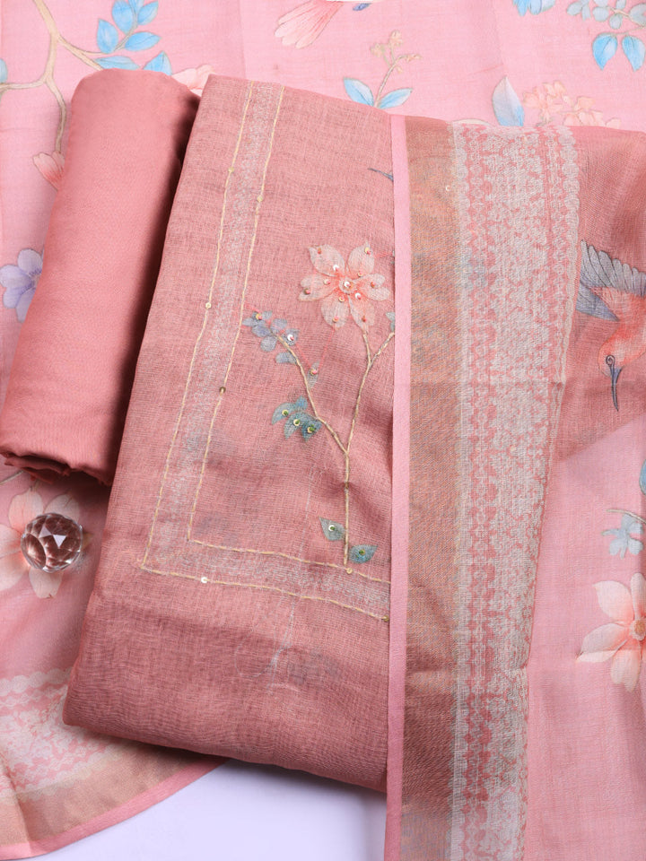 Printed Linen Blend Unstitched Suit With Pant &amp; Dupatta