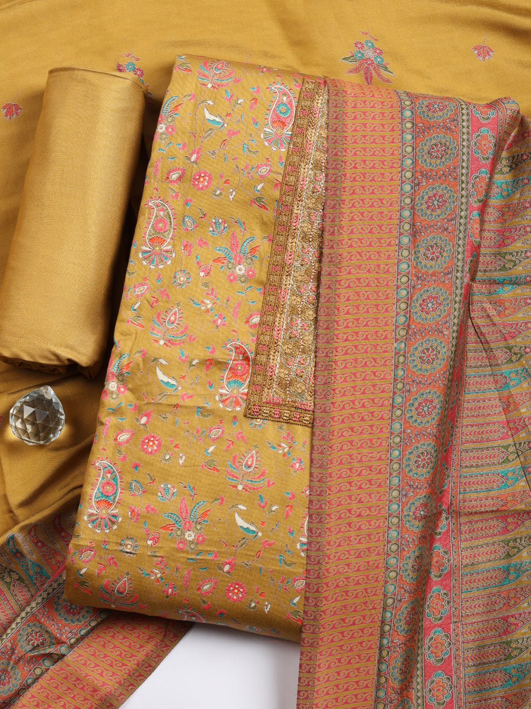 Printed Cotton Blend Unstitched Suit With Pant &amp; Dupatta