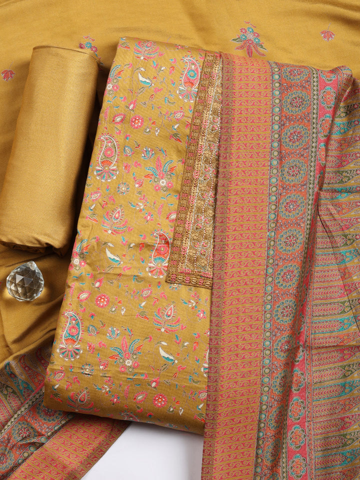Printed Cotton Blend Unstitched Suit With Pant &amp; Dupatta