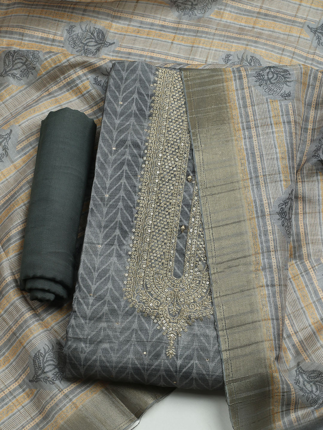 Embroidered Tussar Unstitched Kurta With Pant & Dupatta