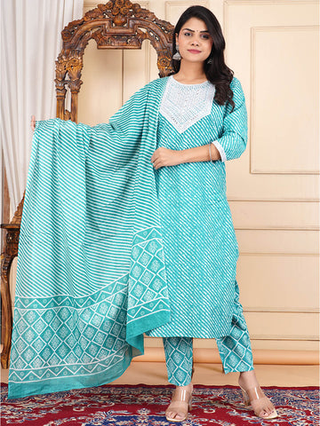 Neck Embroidery Cotton Blend Kurta With Pants & Dupatta