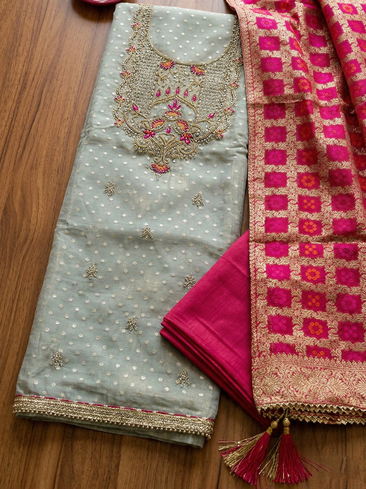 Banarasi Chanderi Unstitched Suit With Pant &amp; Dupatta