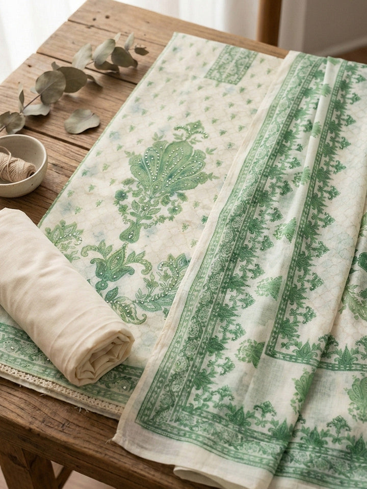 Printed Cotton Blend Unstitched Suit With Pant &amp; Dupatta