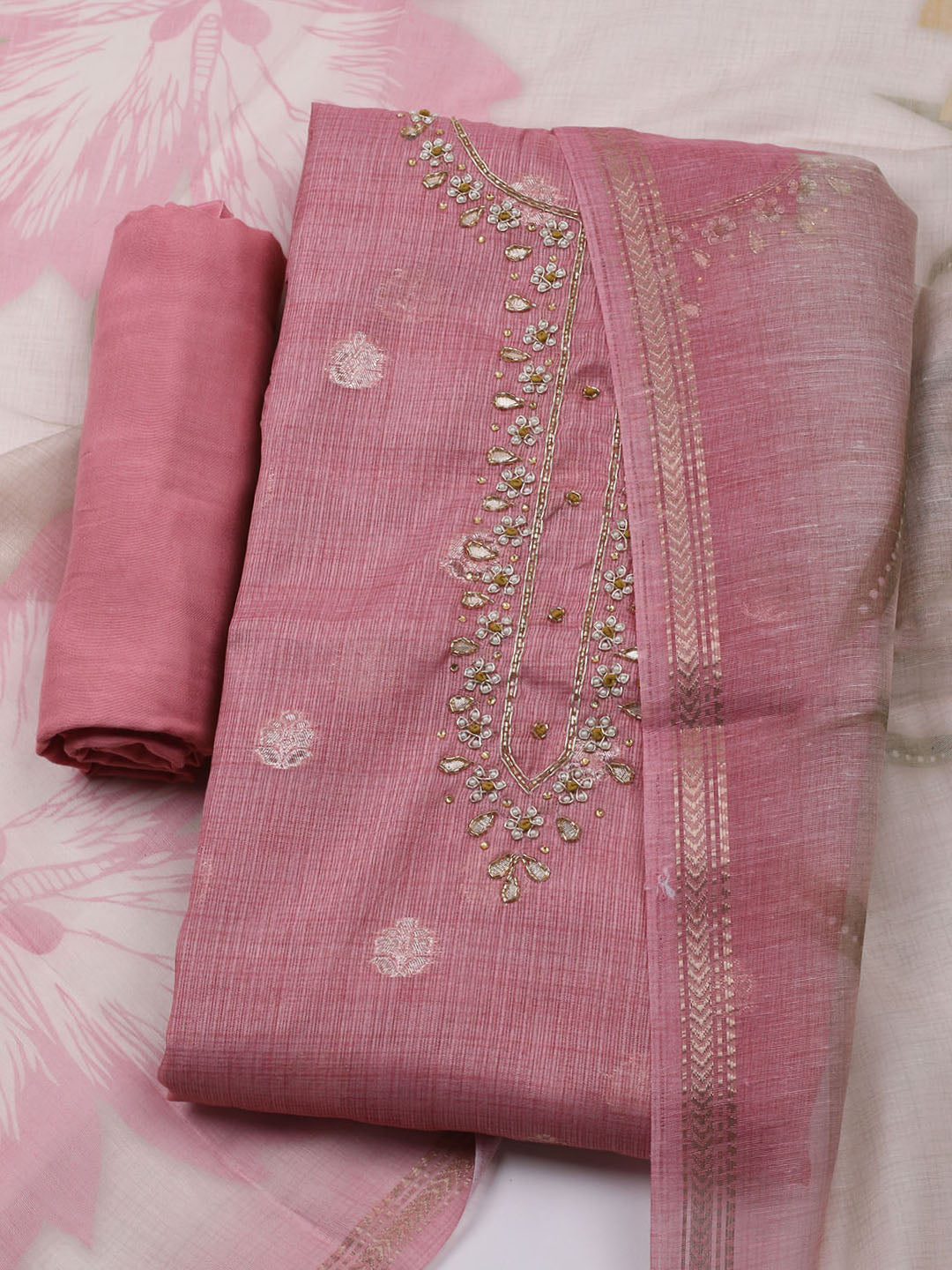 Embroidered Linen Unstitched Kurta With Pant &amp; Dupatta
