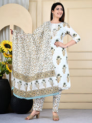 Printed Cotton Blend Kurta With Pants & Dupatta