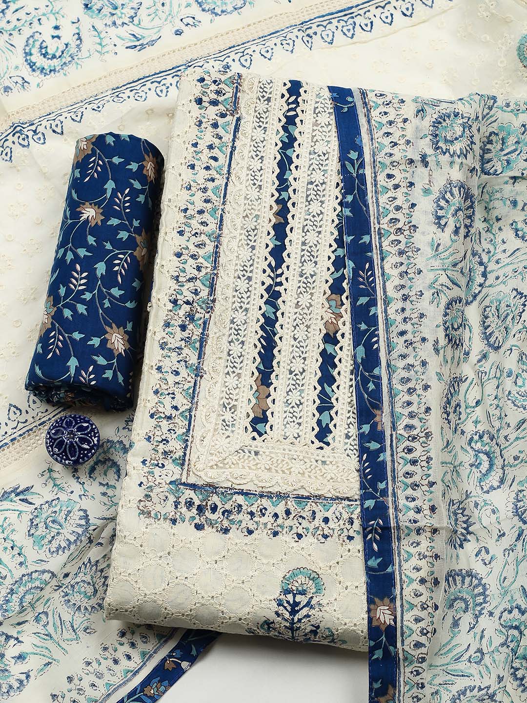 Printed Cotton Blend Unstitched Suit With Pant &amp; Dupatta