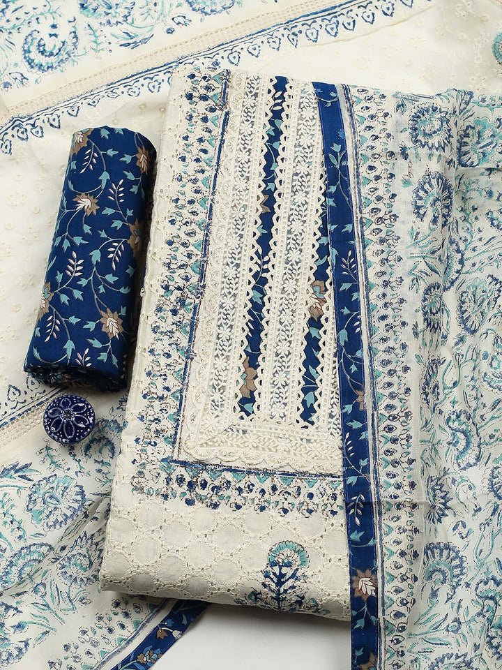 Printed Cotton Blend Unstitched Suit With Pant &amp; Dupatta