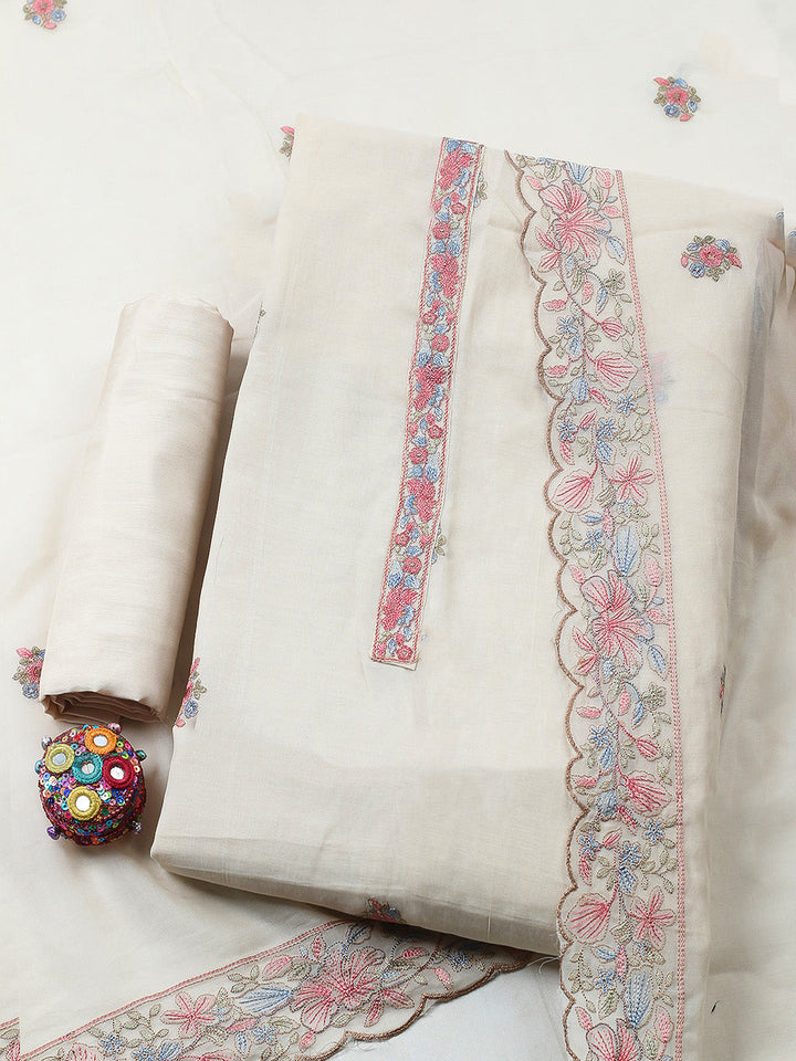 Embroidered Chanderi Unstitched Suit With Pant &amp; Dupatta
