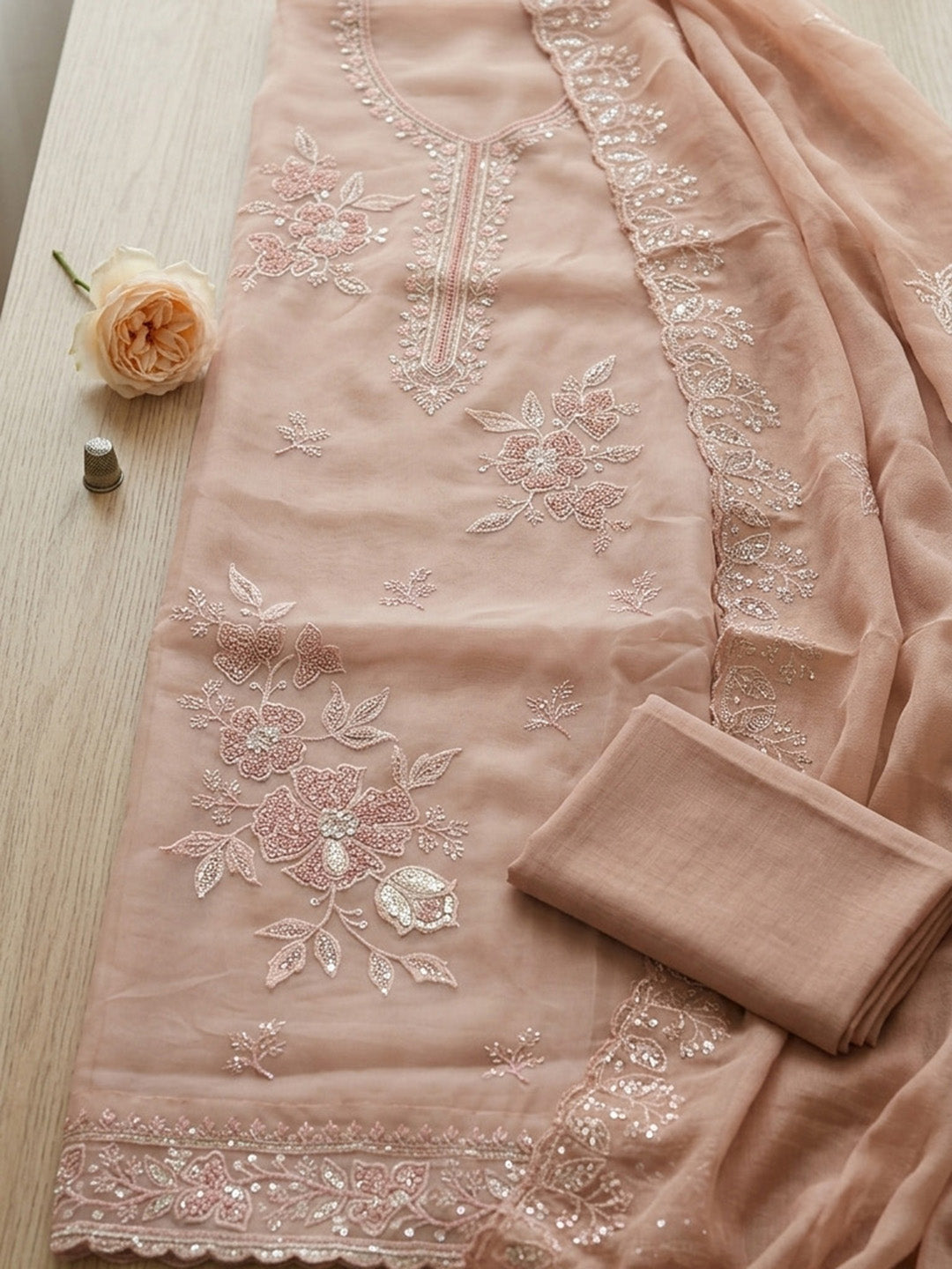 Embroidered Organza Unstitched Suit With Pant &amp; Dupatta