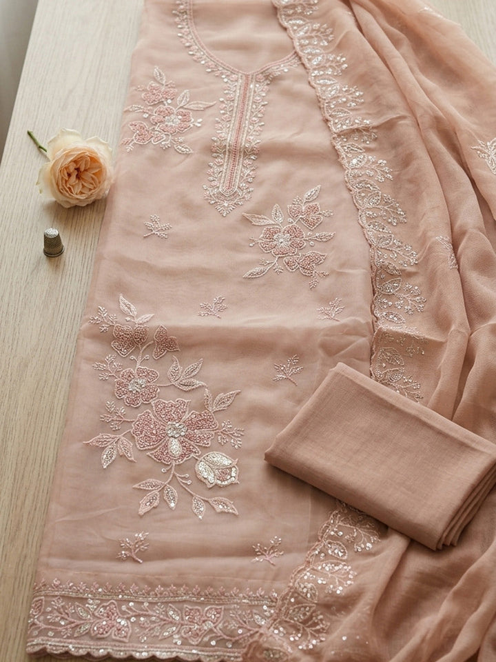 Embroidered Organza Unstitched Suit With Pant &amp; Dupatta