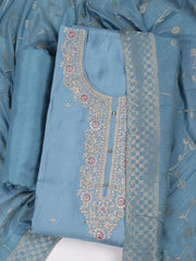 Embroidered Chanderi Grey Blue Unstitched Suit With Pant & Dupatta