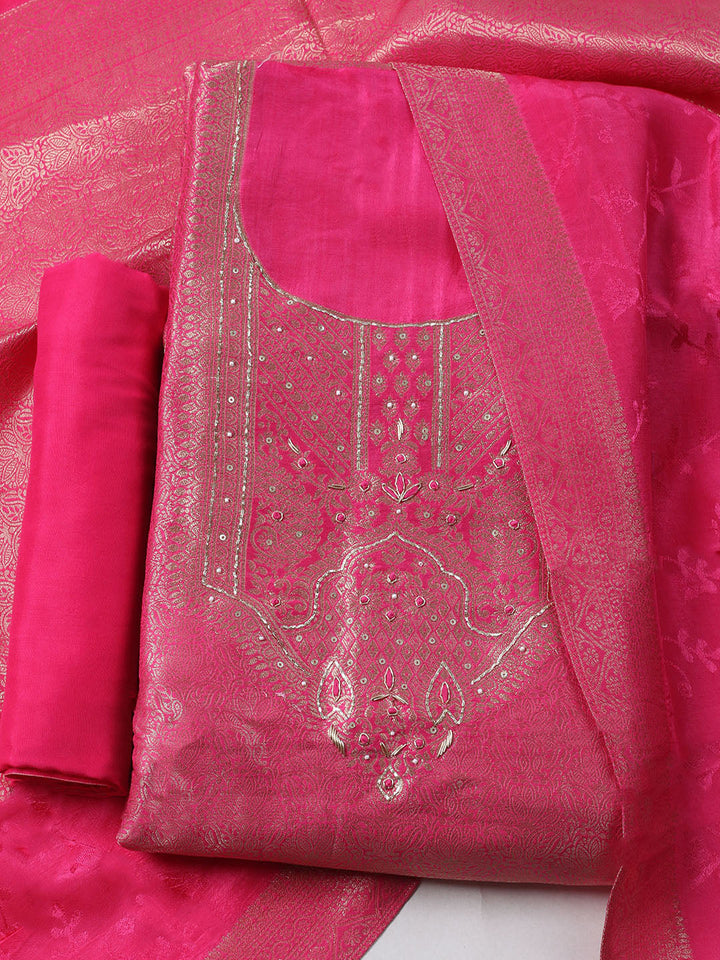 Embroidered Chanderi Unstitched Kurta With Pant &amp; Dupatta
