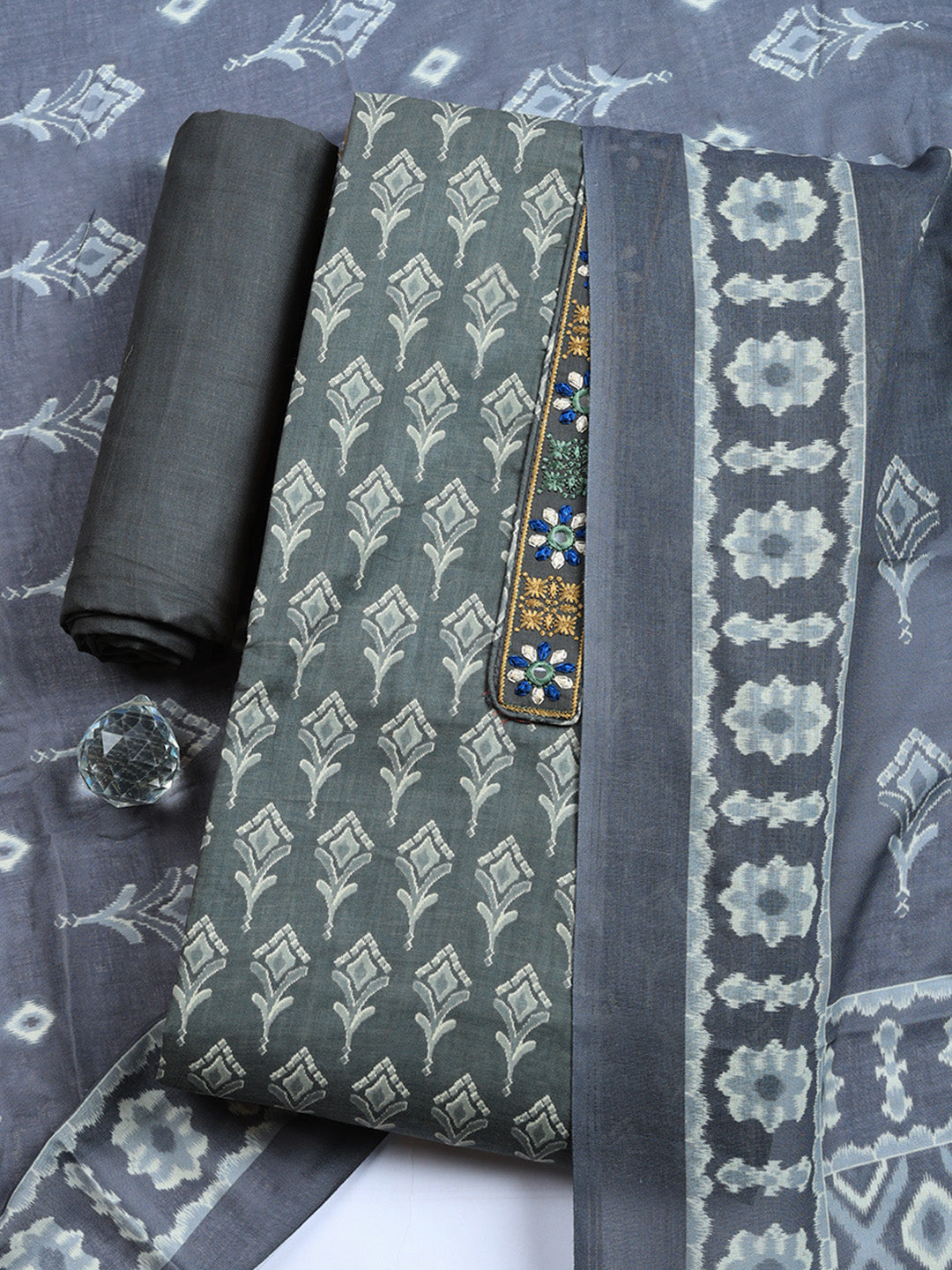 Embroidered Cotton Blend Unstitched Suit With Pant &amp; Dupatta