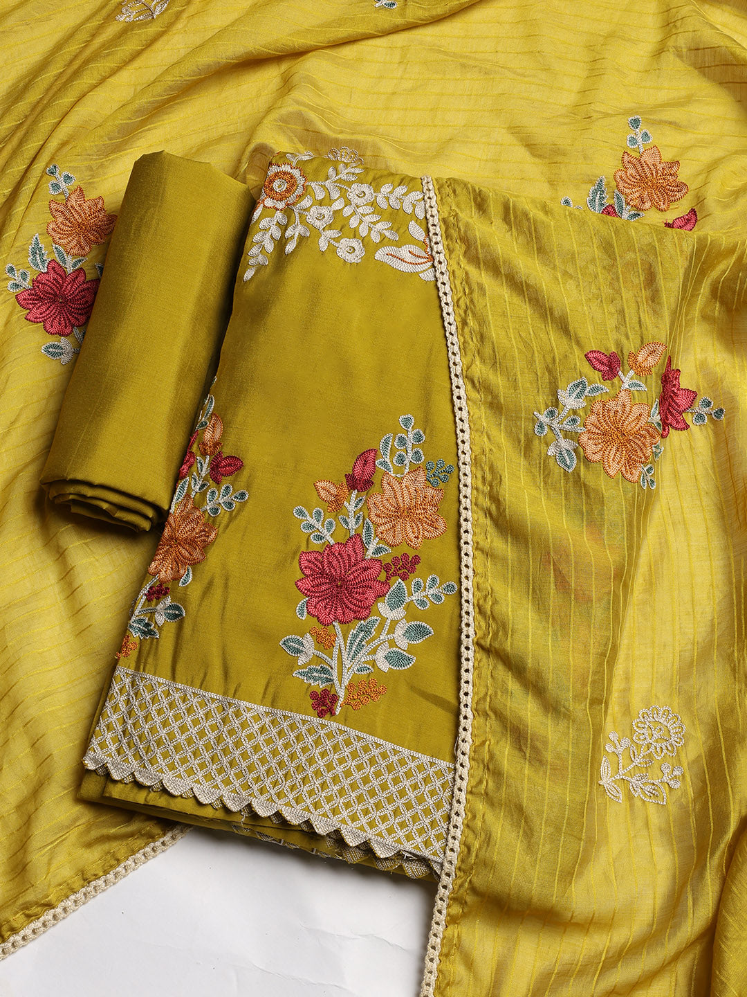 Embroidered Chanderi Unstitched Suit With Dupatta