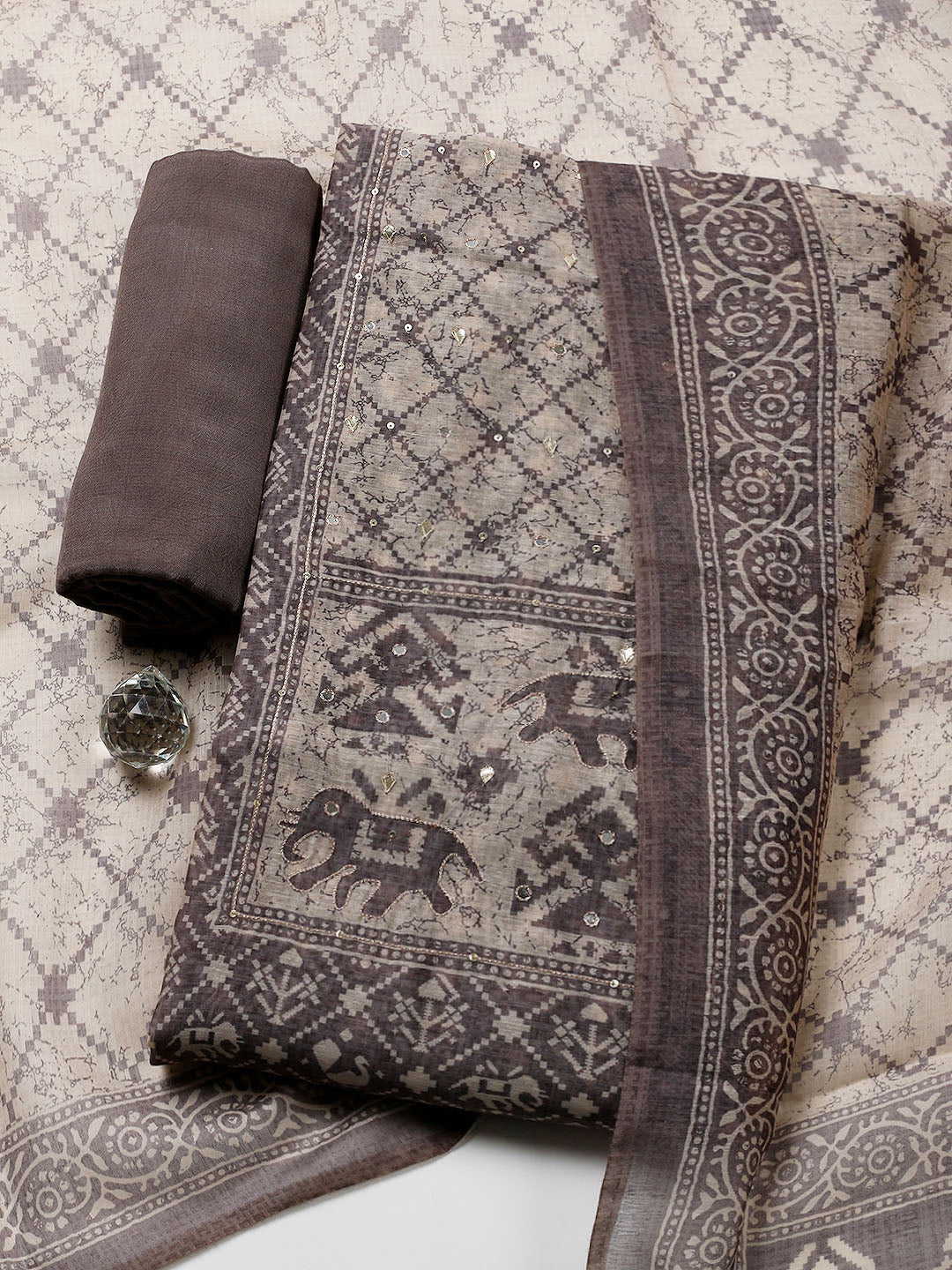 Embroidered Chanderi Unstitched Suit With Pant &amp; Dupatta