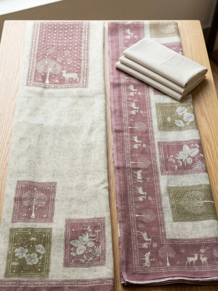 Printed Linen Blend Unstitched Suit With Pant &amp; Dupatta