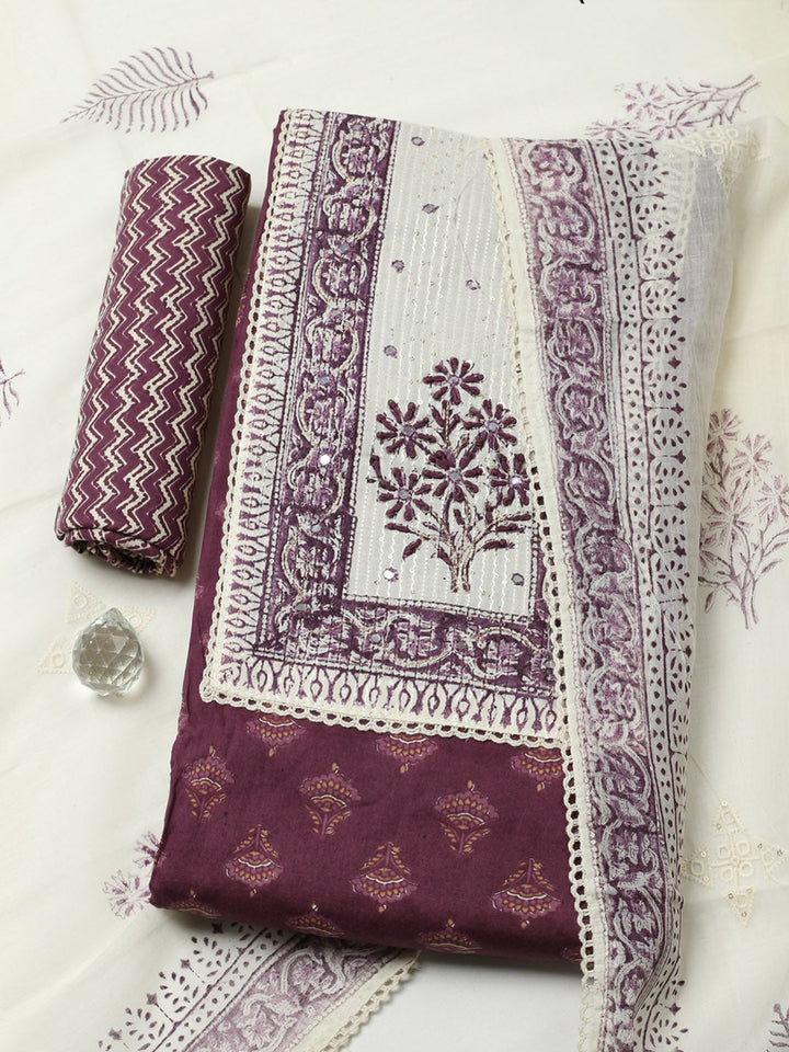 Printed Cotton Blend Unstitched Suit With Pant &amp; Dupatta