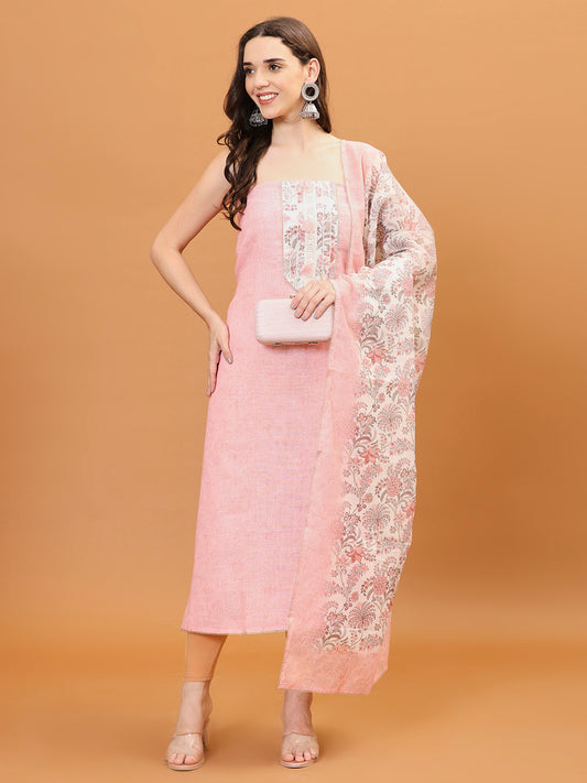 Printed Cotton Blend Unstitched Suit With Dupatta