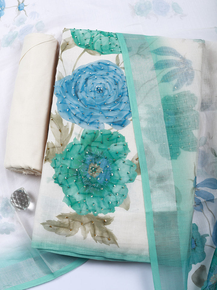 Printed Linen Blend Unstitched Suit With Pant &amp; Dupatta