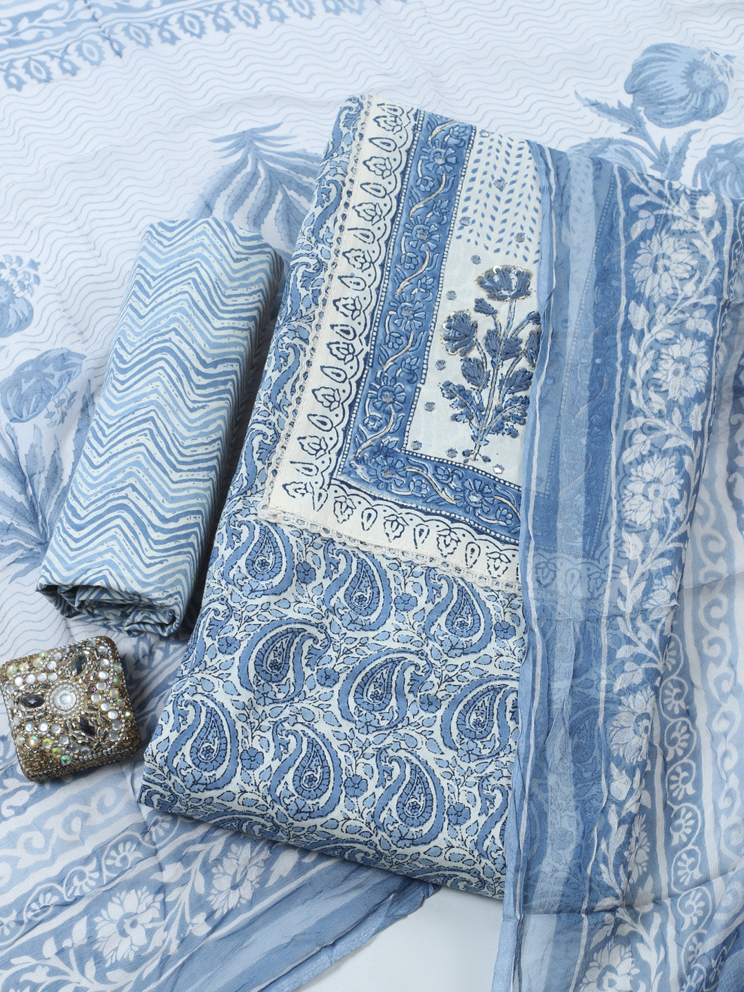 Embroidered Cotton Blend Unstitched Suit With Pant &amp; Dupatta