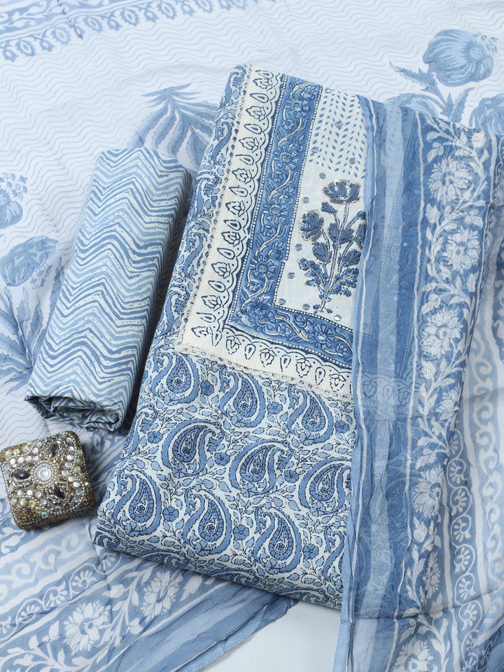 Embroidered Cotton Blend Unstitched Suit With Pant &amp; Dupatta