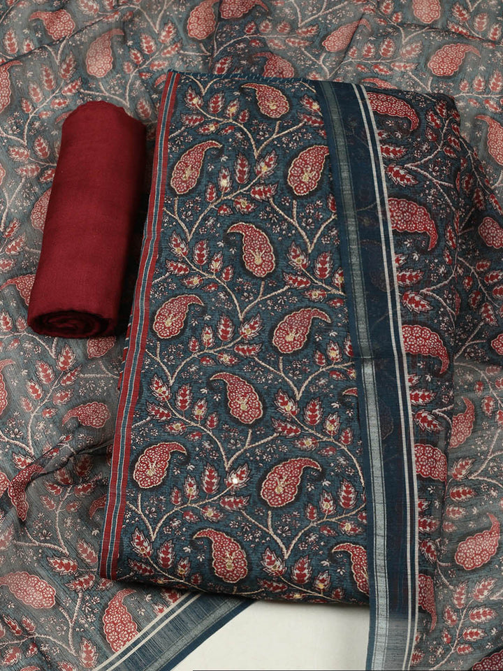 Printed Chanderi Unstitched Suit With Pant &amp; Dupatta