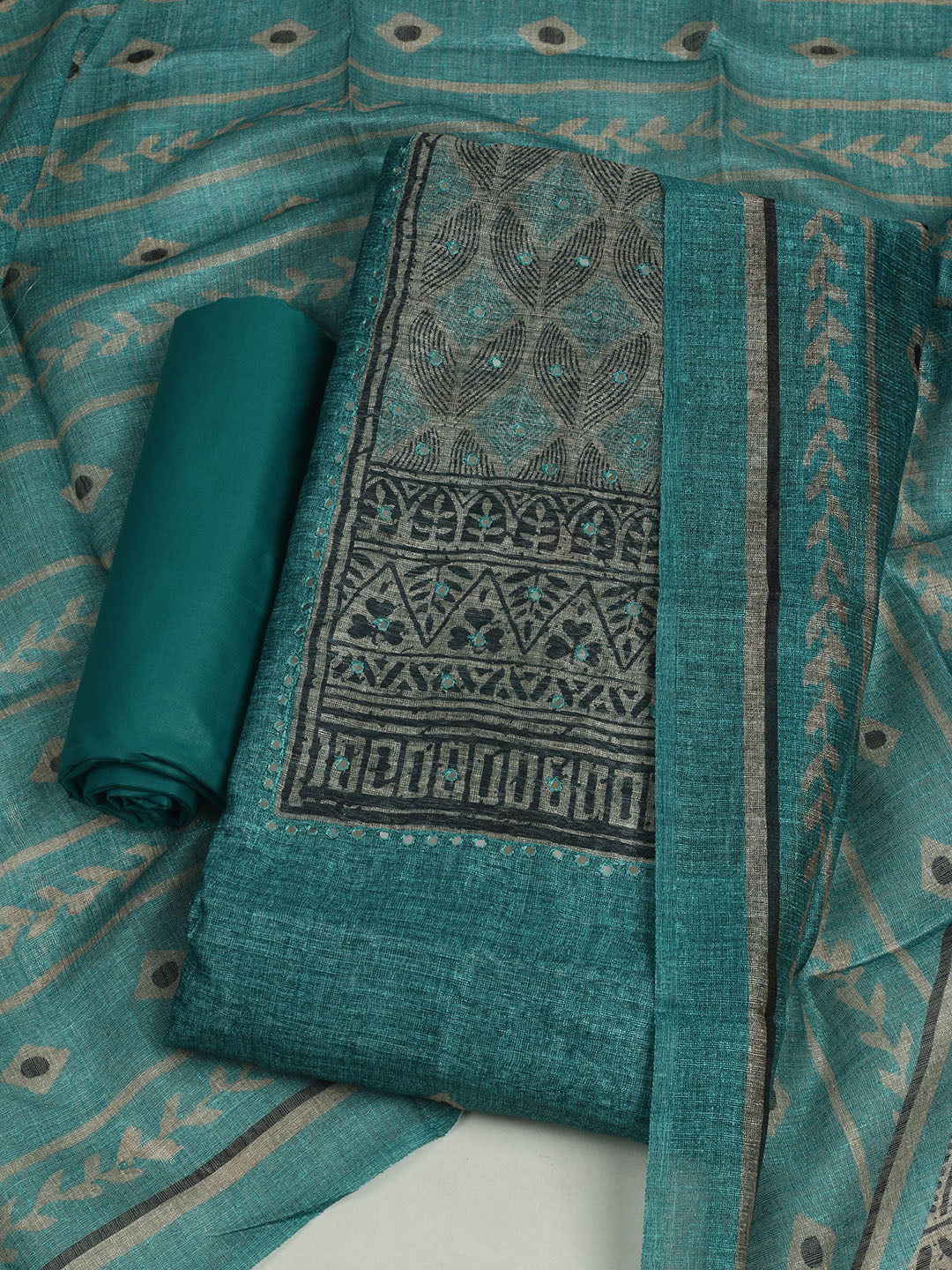 Printed Chanderi Unstitched Suit With Pant &amp; Dupatta