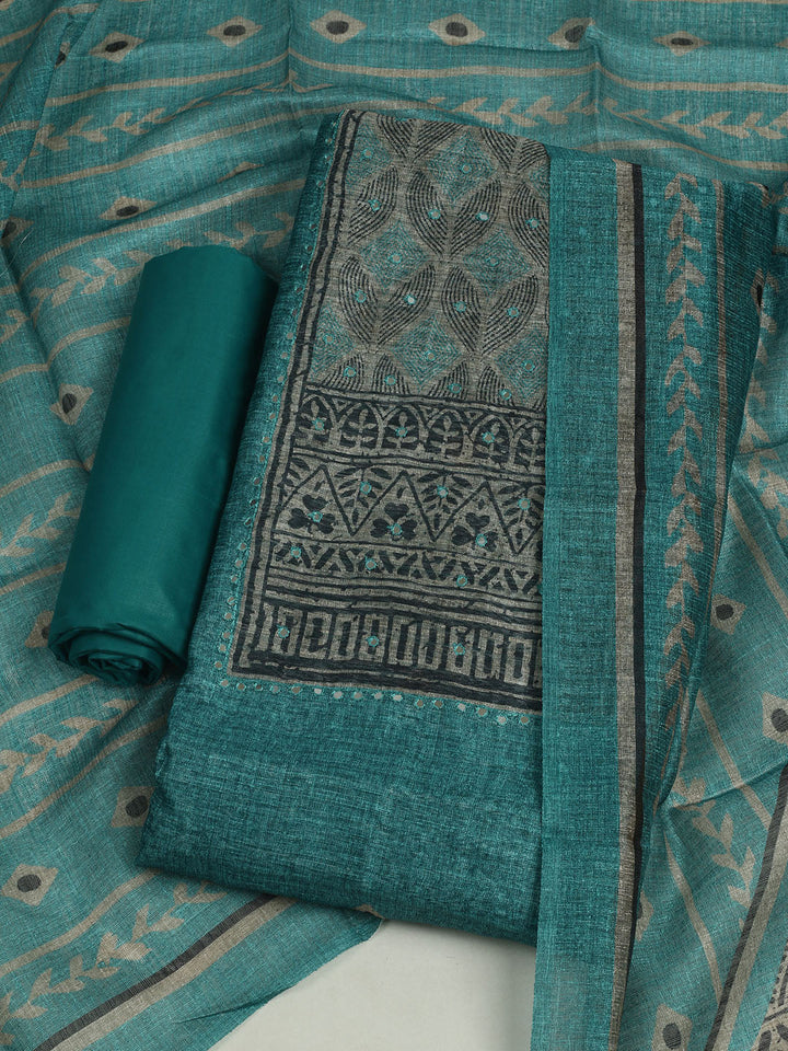 Printed Chanderi Unstitched Suit With Pant &amp; Dupatta